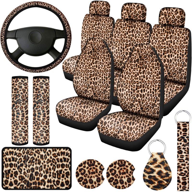 Frienda 13 Pieces Leopard Print Car Seat Covers Full Set, Leopard Accessories Set, Covers Steering Wheel Cover, Seat Pads Armrest Pad Cover Seat Belt Pads and Keychain Wrist Holder - Image 1